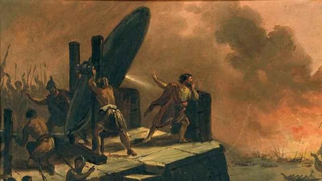 El matemático Arquímedes apuntando una de sus extrañas armas hacia la flota romana. Cuadro de 1835.
