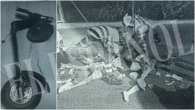 Estado en el que quedó el patinete eléctrico tras el accidente de tráfico ocurrido la madrugada de este domingo. Al lado, una imagen de los sanitarios reanimando a los dos menores de edad, sobre el asfalto de la Avenida de la Ñora en Murcia.