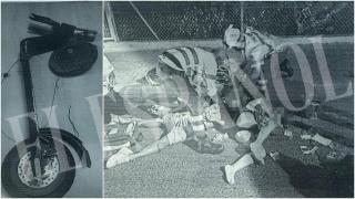 Estado en el que quedó el patinete eléctrico tras el accidente de tráfico. Al lado, una imagen de los sanitarios reanimando a los dos menores sobre el asfalto de la Avenida de la Ñora en Murcia.