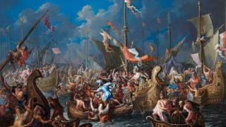 Antonio y Cleopatra en la batalla de Accio, en el año 32 a. C. Él aparece en el centro comandando a sus hombres. Ella, entronada en un barco a la derecha. Cuadro de Johann Georg Platzer