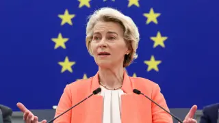Ursula von der Leyen, presidenta de la Comisión Europea, durante un discurso. Yves Herman Reuters