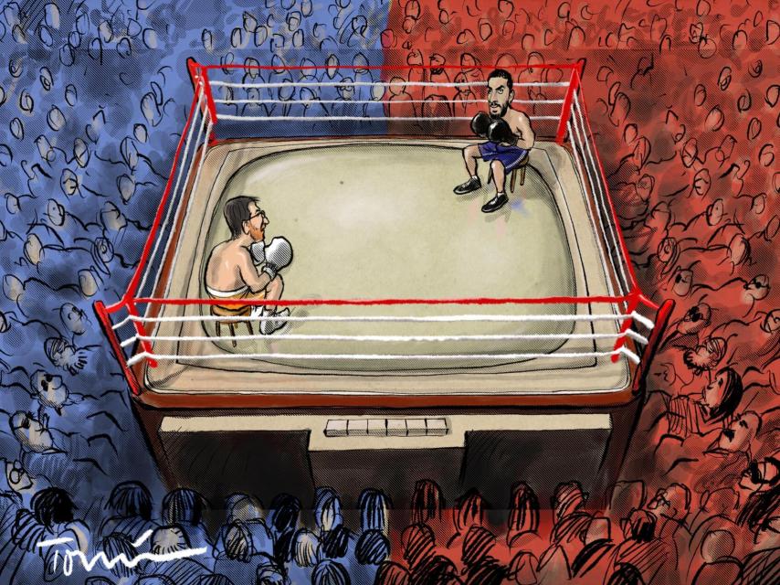La utilización partidista de la competición entre Pablo Motos y David Broncano, caricaturizada por Tomás Serrano.