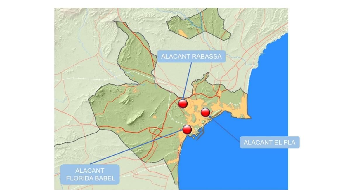 Localización de los medidores de calidad del aire en la ciudad de Alicante.