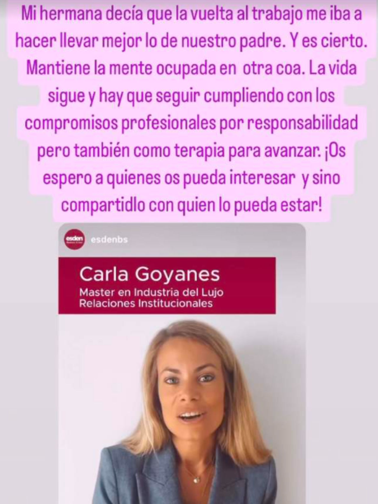 El 'story' que compartió Carla Goyanes el pasado septiembre cuando volvía al trabajo.