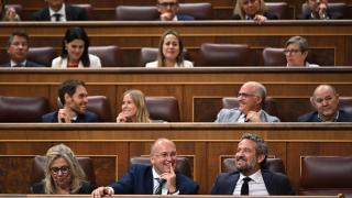 El portavoz parlamentario del PP, Miguel Tellado (c), asiste al pleno del Congreso de los Diputados celebrado este martes en Madrid.