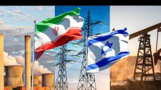 Fotomontaje de un ciclo combinado de gas, redes eléctricas y pozo petrolífero con las banderas de Israel e Irán.