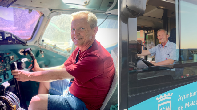 Antonio, en el autobús y en un avión.