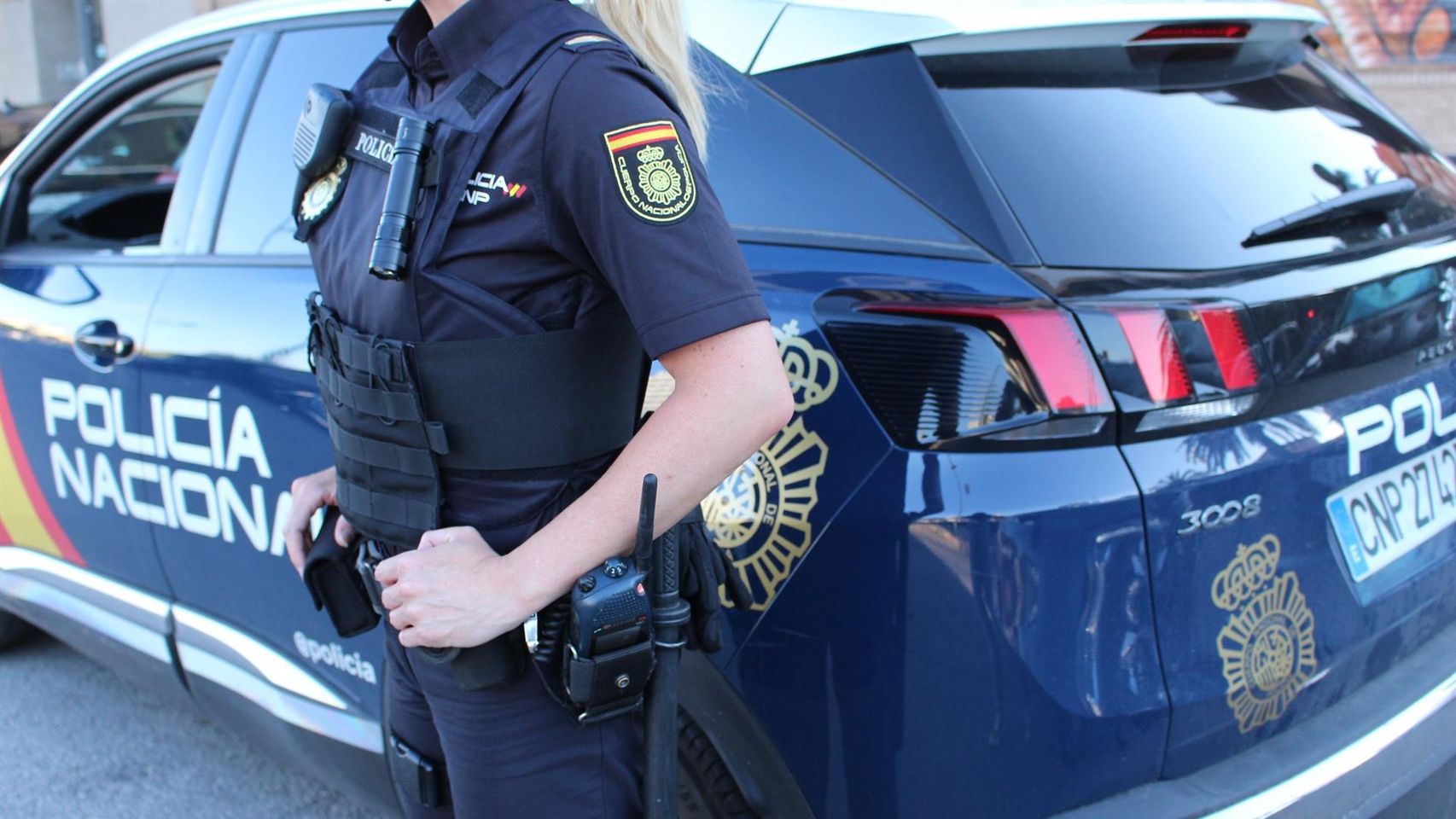 Un agente y un vehículo de la Policía Nacional