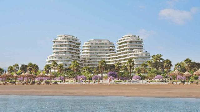 Infografía de la futura promoción residencial Térmica Beach desde el mar.