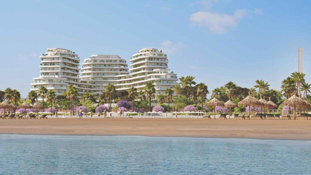 Infografía de la futura promoción residencial Térmica Beach desde el mar.
