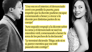 Fotomontaje con imágenes de Errejón y Mouliaá, junto a extractos de la denuncia.