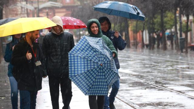 Un grupo de personas se protege de la lluvia en Sevilla.