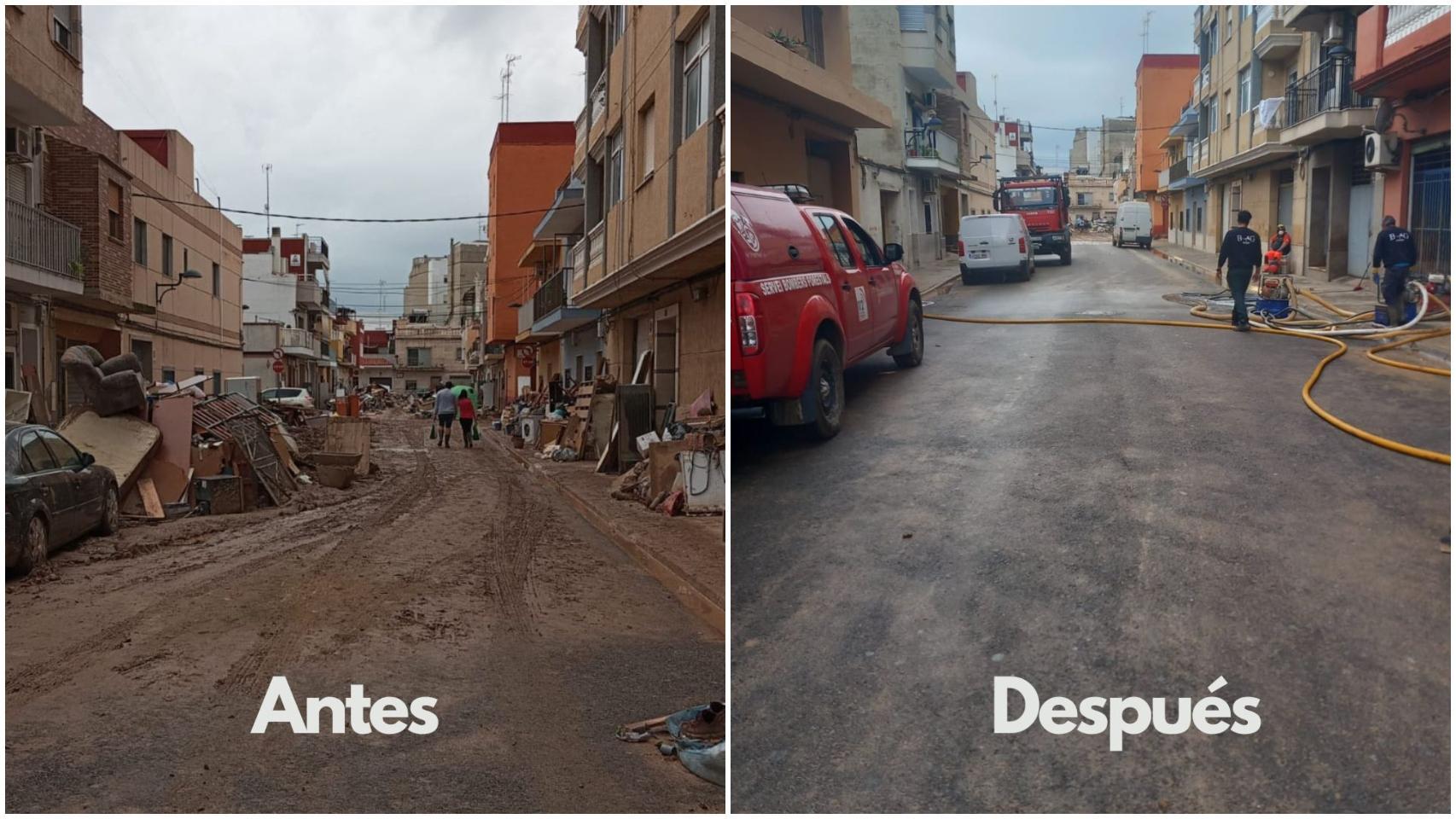 Estas dos imágenes muestran de forma más que evidente el trabajo realizado por la Unidad de Zarra en una de las muchas calles asoladas por la DANA.