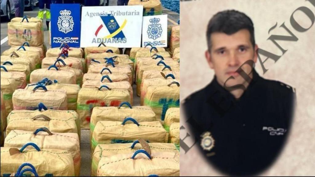 Óscar Sánchez Gil, el policía detenido, junto a varios fardos de cocaína.