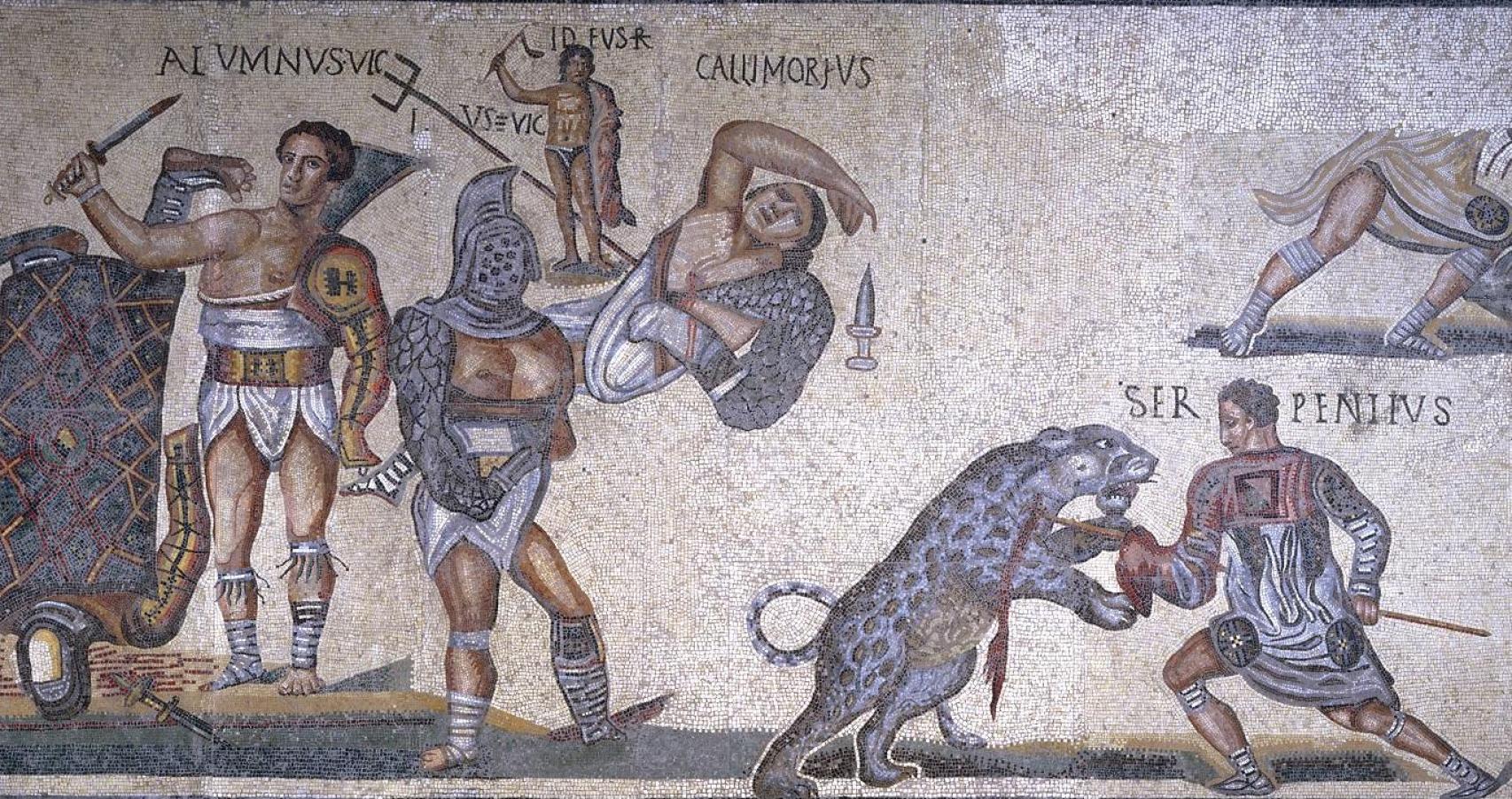 Mosaico pavimental con decoración de gladiadores y cazadores. Siglos III-IV d.C.