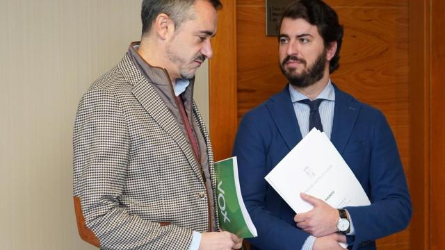 El portavoz adjunto de Vox, David Hierro, y el portavoz, Juan García-Gallardo, antes de la celebración de la Junta de Portavoces de este viernes en las Cortes