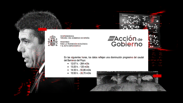 Carlos Mazón, junto a un fragmento del comunicado enviado por el Ministerio de Transición Ecológica el 4 de noviembre.