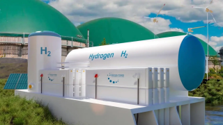 Fotomontaje de una instalación de hidrógeno verde y otra de biogás.