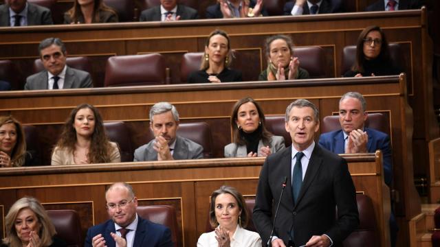 El presidente del PP, Alberto Núñez Feijóo, interviene durante una sesión de control al Gobierno en el Congreso.