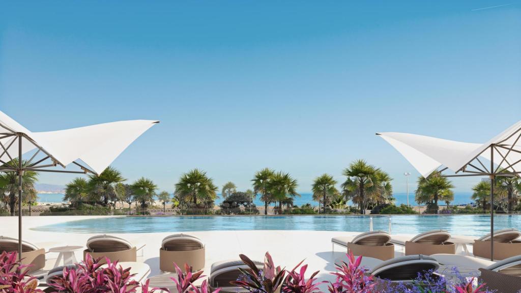 Piscina infinity con vistas al mar del proyecto Térmica Beach que impulsan GINKGO y AEDAS Homes en Málaga capital.