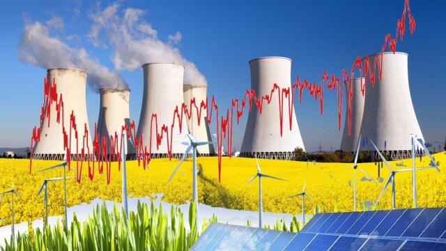 Fotomontaje de un parque nuclear, con aerogeneradores y paneles fotovoltaicos y una gráfica ascendente.