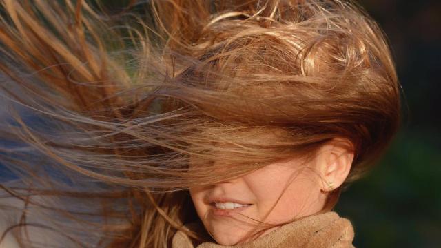 Una niña con el pelo alborotado por el viento.