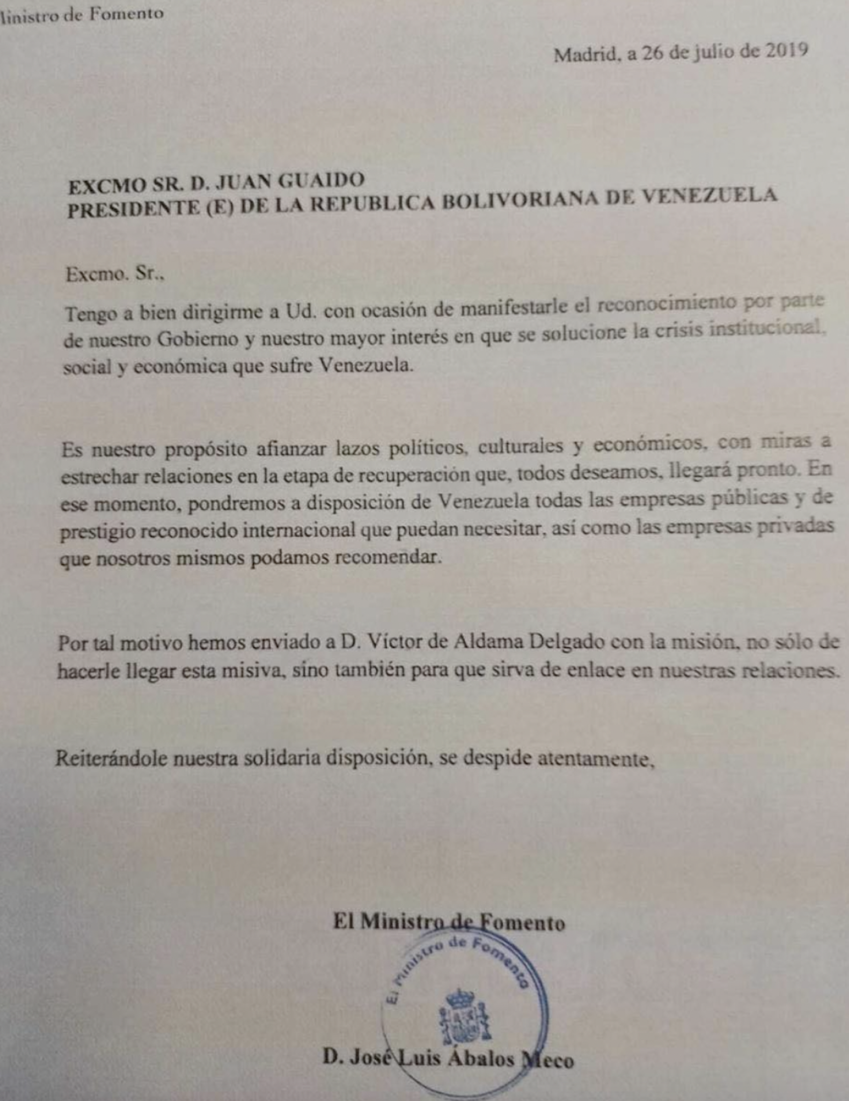 Carta de José Luis Ábalos a Juan Guaidó en la que se nombra enlace entre el Gobierno de España y la oposición venezolana a Víctor de Aldama.