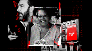 Víctor de Aldama, Carmen Pano y la sede del PSOE en una ilustración.