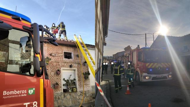 Los bomberos trabajando en dos incendios en un pueblo de Ávila