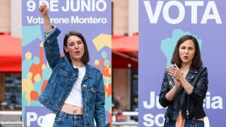 La eurodiputada Irene Montero (i) y la secretaria general de Podemos, Ione Belarra (d), este junio durante la campaña de las elecciones europeas.