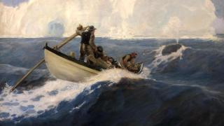 Cuadro que retrata una balsa ballenera faenando.