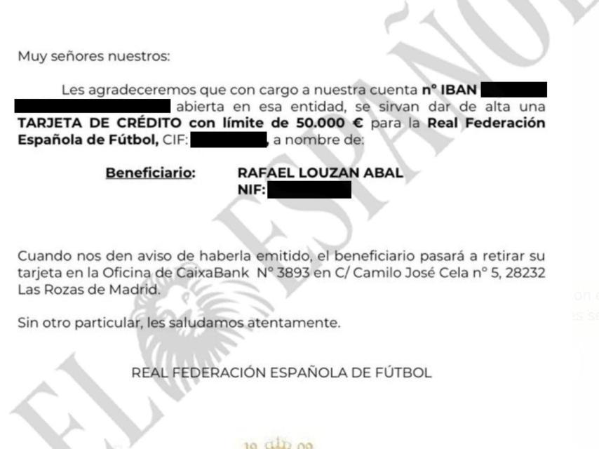 Carta enviada por la RFEF a la entidad bancaria para conceder a Rafael Louzán una tarjeta de crédito con límite de 50.000 euros para gastos.