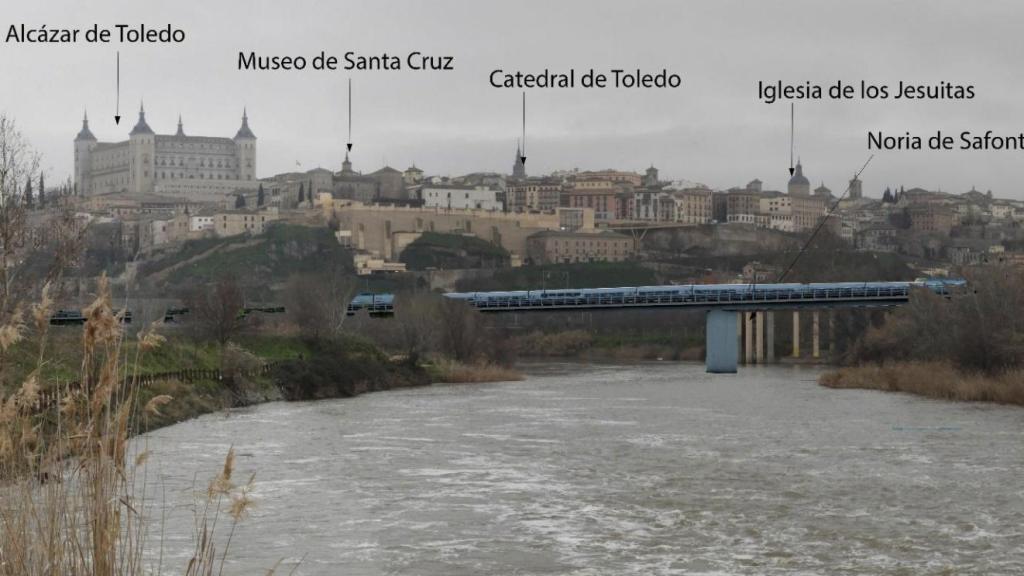 Recreación del impacto del viaducto del AVE sobre el Tajo sobre la vista de Toledo.