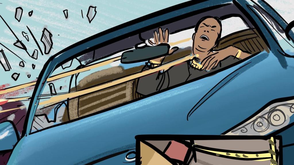 En la ilustración, Cintia Rocho luce un cupón de la ONCE premiado con 17 millones de euros y se recrea el asesinato de Jesús Rocho, su padre y líder del clan familiar, a manos de unos supuestos sicarios.