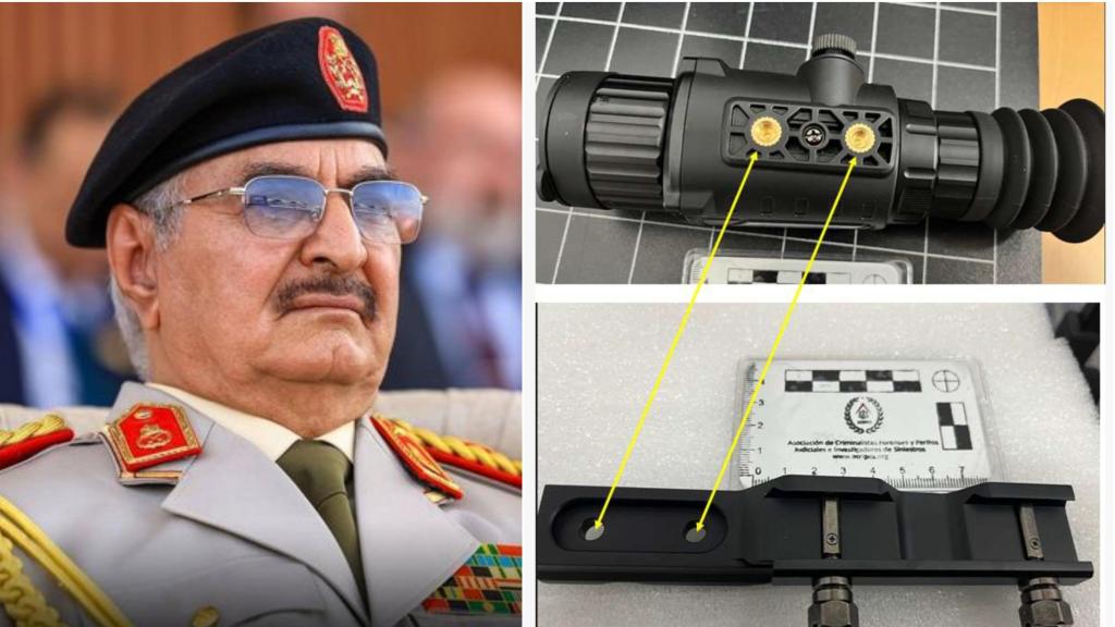 Jalifa Belqasim Omar Hafter, el mariscal libio, a la izquierda. A la derecha, raíles y visores incautados por la Guardia Civil en Valencia.