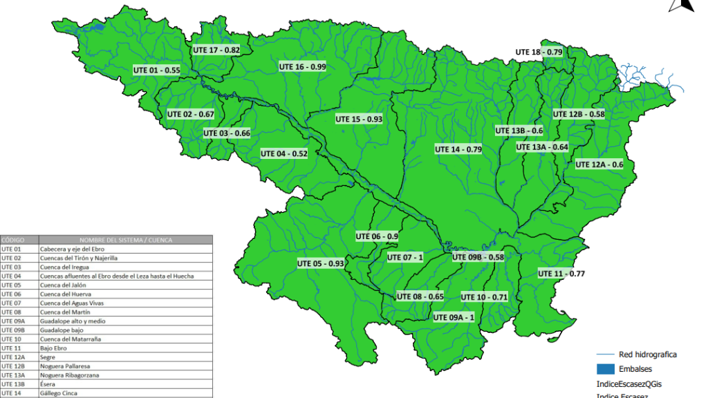 La cuenca del Ebro, en verde y sin amenaza de sequía.