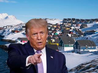 Fotomontaje de Donald Trump, presidente de los EEUU, con el fondo de un pueblo de Groenlandia.