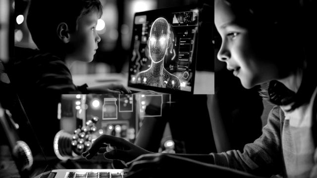 Dos niños interactuando con Inteligencia Artificial