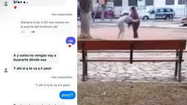 Los mensajes amenazantes que han motivado la segunda denuncia ante la Policía Nacional contra una menor de edad, junto a otra imagen de la agresión ocurrida en El Palmar, y que ha motivado la primera denuncia a la misma menor.