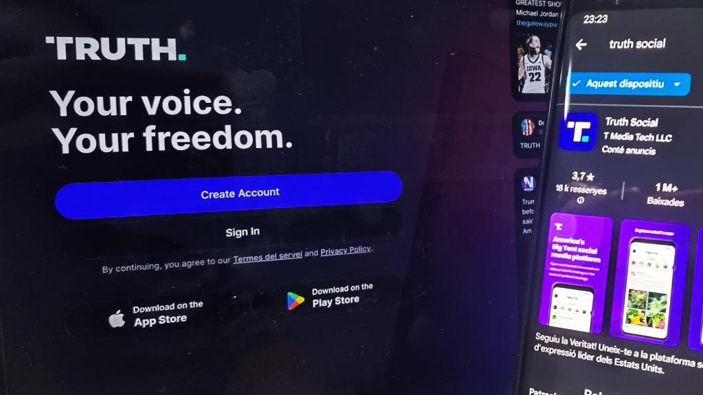 La pantalla de inicio de la red social de Trump en ordenador y la de instalación en móvil.