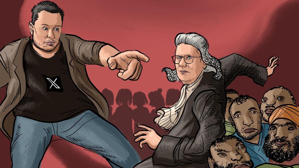 En la ilustración, Elon Musk (i) señala a Keir Starmer (d), primer ministro británico, vestido con el atuendo de fiscal; tras él, un grupo de hombres vinculados a los 'grooming gangs' inspirados en los perfiles reales de los detenidos.