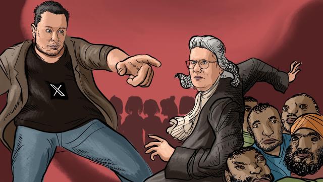 En la ilustración, Elon Musk (i) señala a Keir Starmer (d), primer ministro británico, vestido con el atuendo de fiscal; tras él, un grupo de hombres vinculados a los 'grooming gangs' inspirados en los perfiles reales de los detenidos.