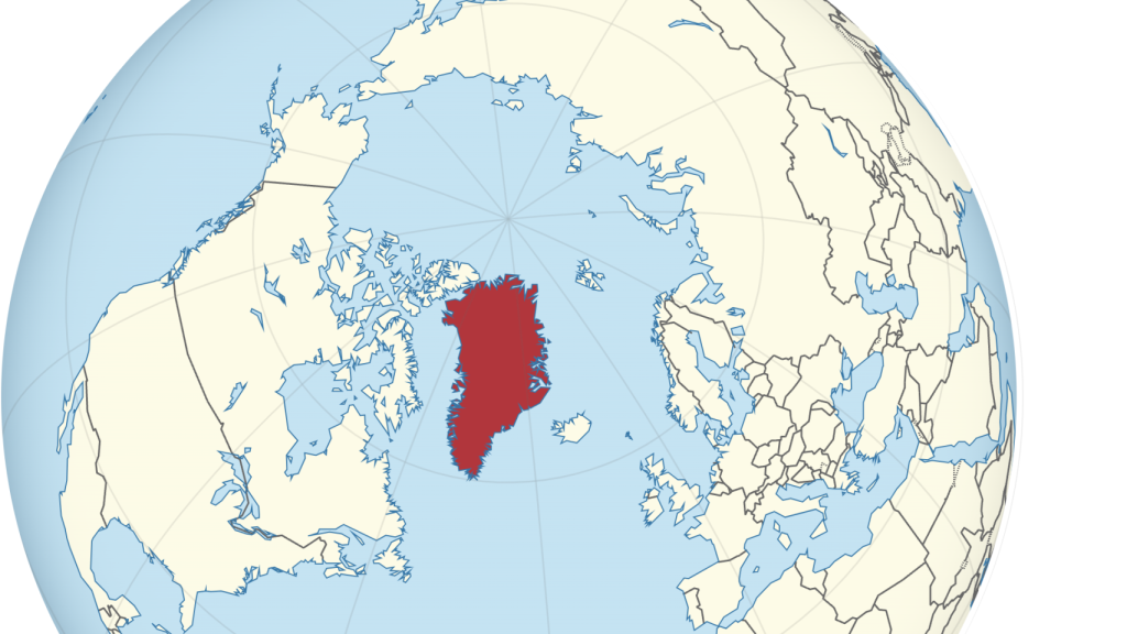 Mapa del mundo con Groenlandia señalado en rojo.