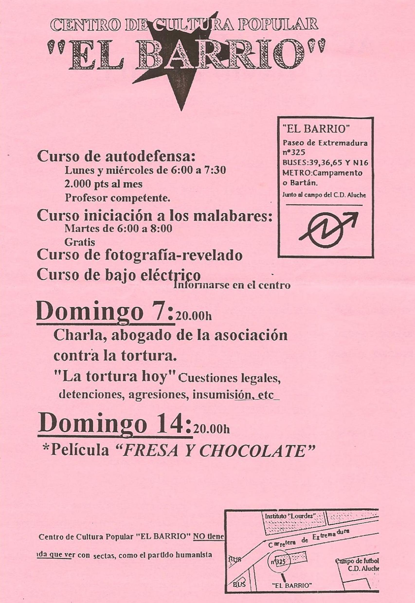 Un escrito del Cultural Popular El Barrio anunciando cursos.