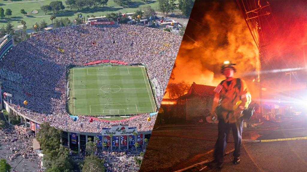 Fotomontaje del Rose Bowl en 1994 durante el Mundial de fútbol y los incendios en Los Angeles en 2025