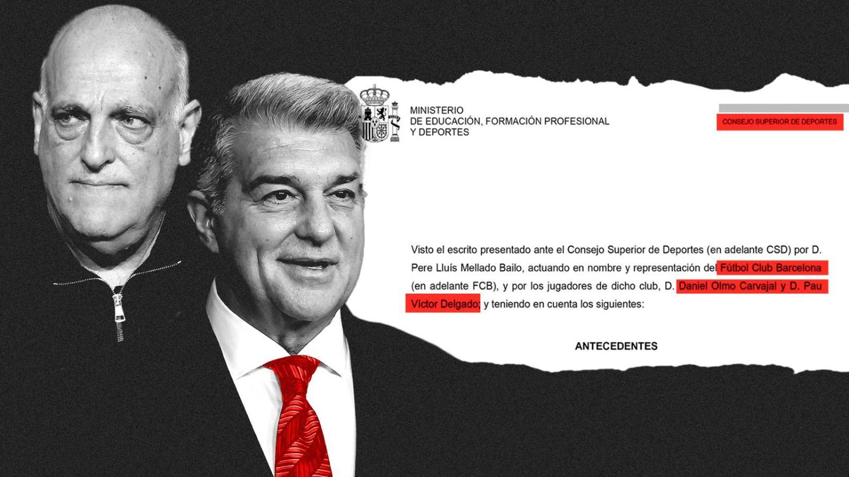 Javier Tebas, Joan Laporta y el encabezamiento de la resolución del CSD sobre el 'caso Olmo' al que ha tenido acceso EL ESPAÑOL.