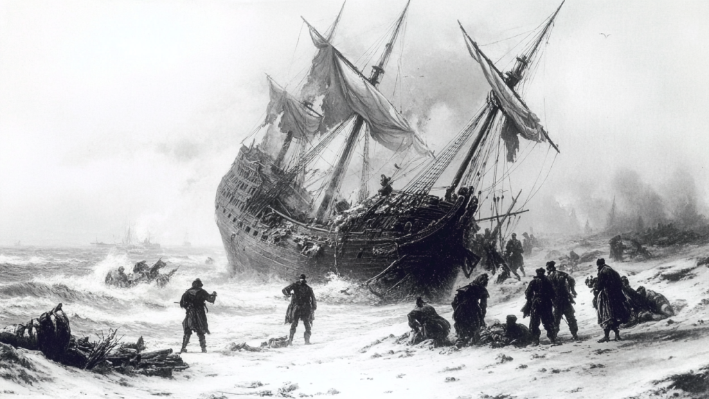 Recreación artística de “raqueiros” en un naufragio en la costa