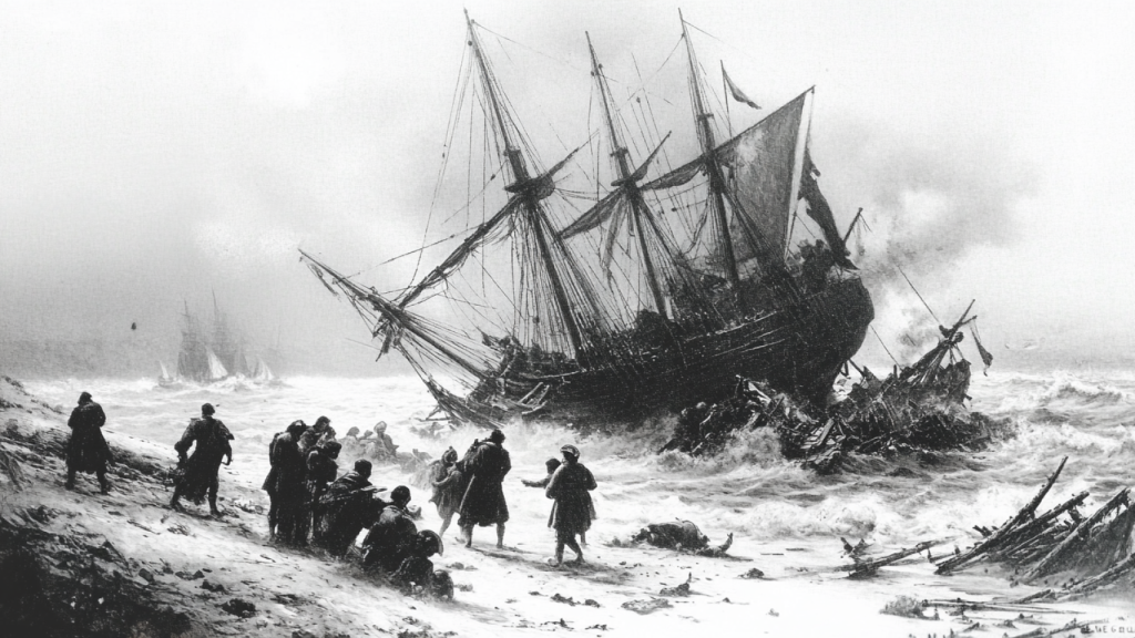 Recreación artística de un grupo de raqueiros junto a un naufragio