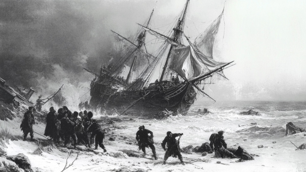 Recreación artística de un grupo de raqueiros actuando durante un naufragio