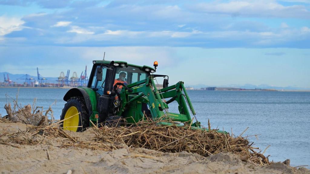 Operarios trabajan en la limpieza de las playas del sur Valencia tras la DANA. EE